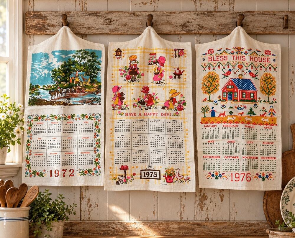 Vintage 1970s Calendar Tea Towels Lot of 3 1972 1975 1976 Retro Kitchen Linen